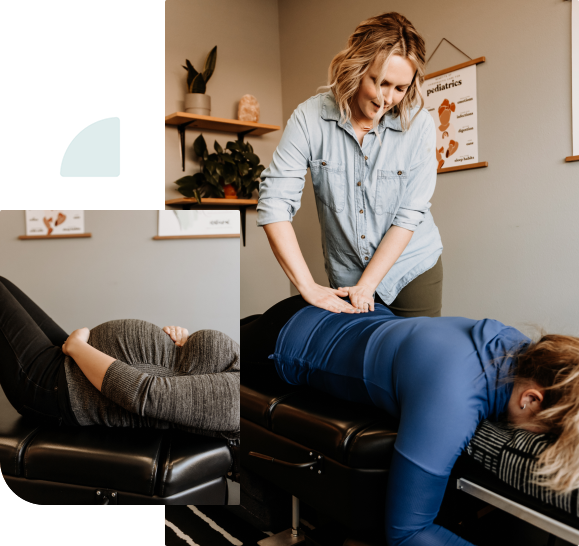 Dr. Kelsey Sweet performing a prenatal chiropractic adjustment in her office at sweet family chiropractic.